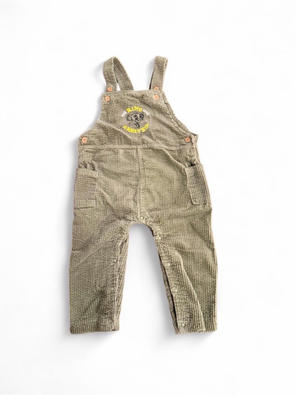 Disney Olive Corduroy Overalls with Yellow Embroidered Patch